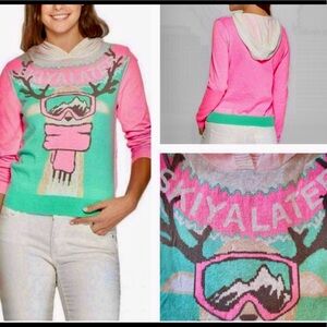 Holiday Sweater Juniors Reindeer Skiing Hooded Pullover Sweater Medium